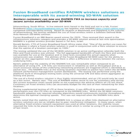 RADWIN, software defined wide area network, Press Release