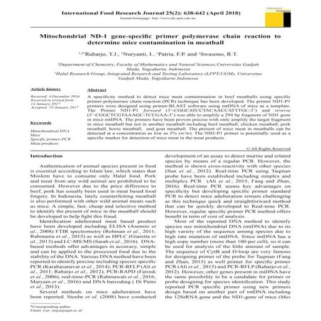Mitochondrial ND-1 gene-specific primer polymerase chain reaction to determin...