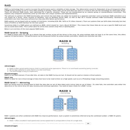 Raid level 0, 1, 3, 5 an...tage, disadvantage, use