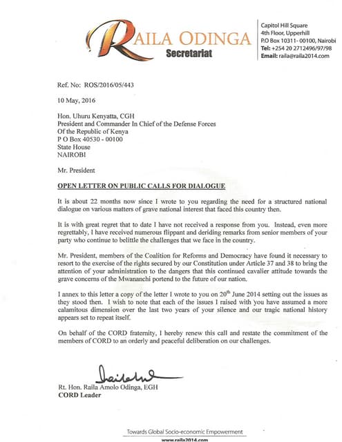 Raila's call for dialogue with uhuru