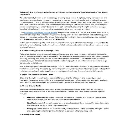 Rainwater Storage Tanks, A Comprehensive Guide to Choosing the Best Solutions...