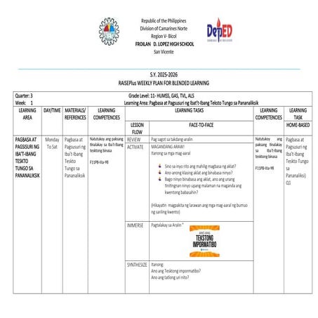 Comprehensive Weekly Blended Learning Plan for Grade 11 Filipino and ...