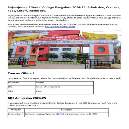 Rajarajeswari Dental College Bangalore 2024-25: Admission, Courses, Fees, Cut...
