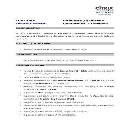 Rajashekar.N - Senior Analyst with Citrix and VMWare Skills