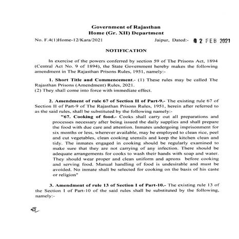 Rajasthan prison (amendment) rules, 2021 | PDF