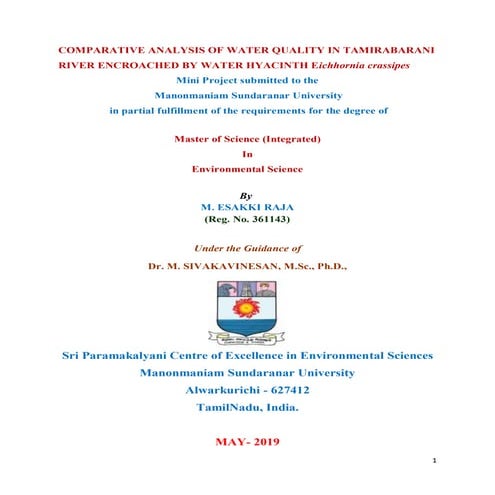 COMPARATIVE ANALYSIS OF WATER QUALITY IN TAMIRABARANI RIVER ENCROACHED BY WAT...