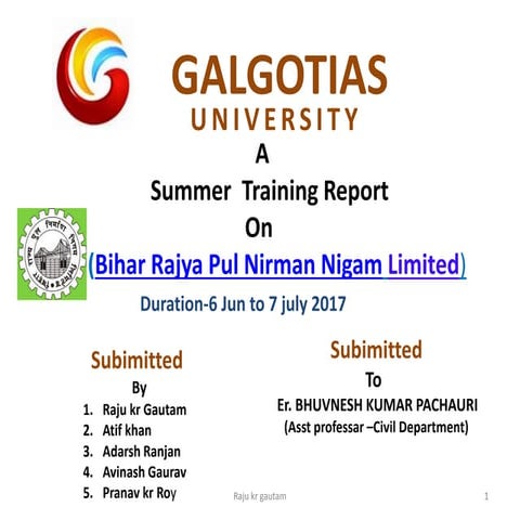 Summer Training Report =Bihar Rajya pul Nirman Nigam