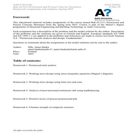 Prestressed concrete Course assignments, 2015