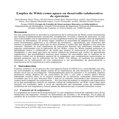 Empleo de Wikis como apoyo en desarrollo colaborativo de ejercicios