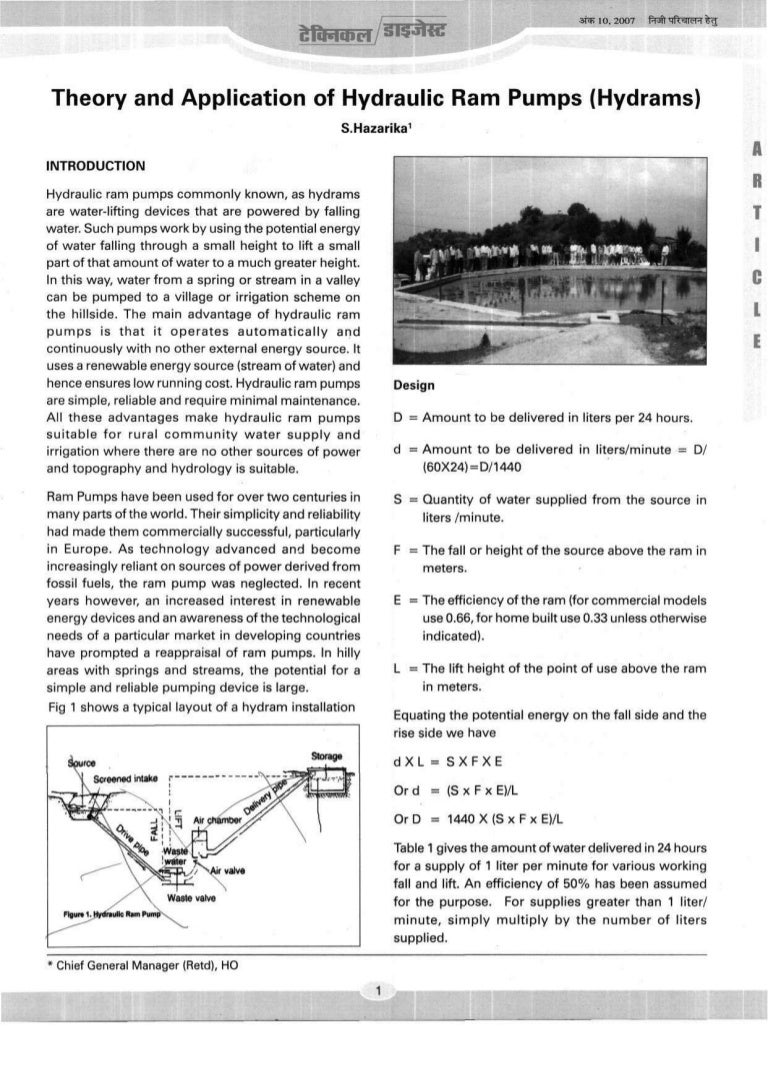 Theory and Application of Hydraulic Ram Pumps (Hydrams) S Hazarika