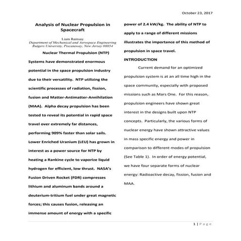 Analysis of nuclear propulsion in-space travel