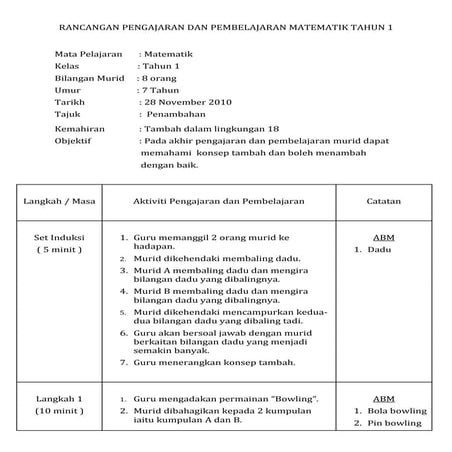 Rancangan pengajaran dan pembelajaran matematik tahun 1