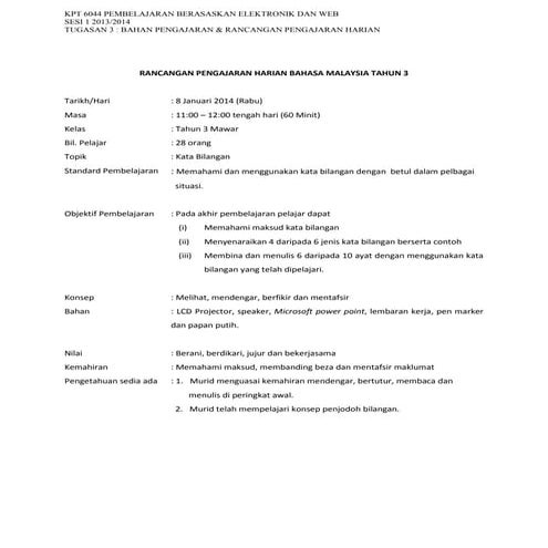 Rancangan pengajaran harian bm tahun 3 - kata bilangan