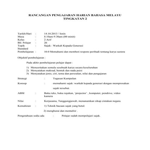 Rancangan pengajaran harian bahasa melayu tingkatan 2 