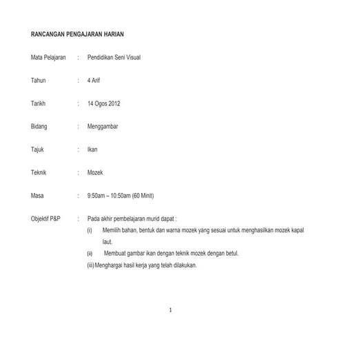Rancangan pengajaran harian bidang menggambar