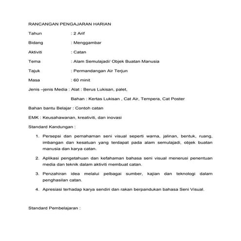 Rancangan pengajaran harian (kssr) bidang menggambar