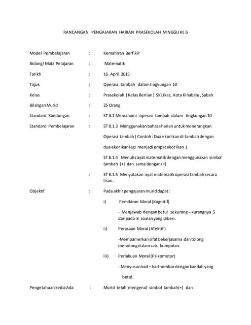 Rancangan Pengajaran Harian Prasekolah Minggu Ke 6