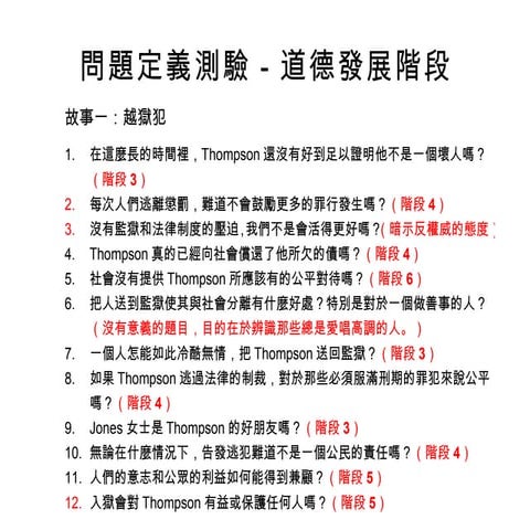 問題定義測驗結果說明 道德發展階段