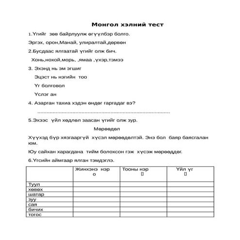 монгол хэлний тест