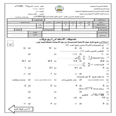    اختبار رياضيات صف ثاني ثانوي ف1