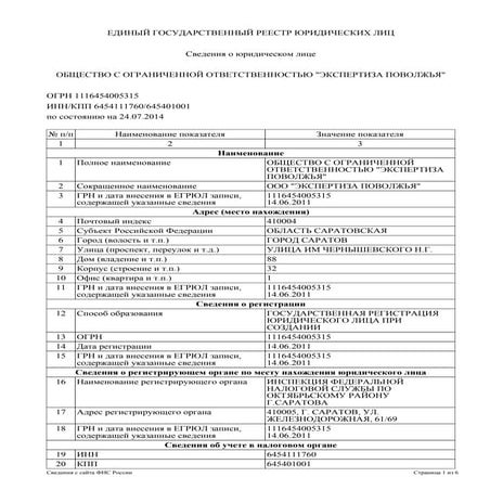 Выписка из ЕГРЮЛ на ООО "Экспертиза Поволжья"
