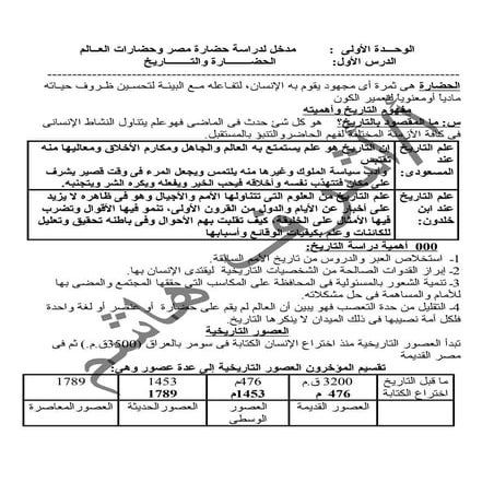 مذكرة تاريخ اولى ثانوى كاملة وشامله كل اجزاء المنهج