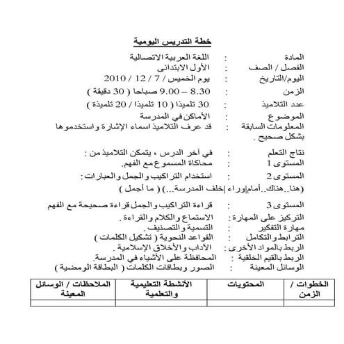 خطة التدريس اليومية