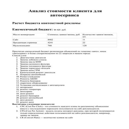 Расчет контекстной рекламы для авто сервиса