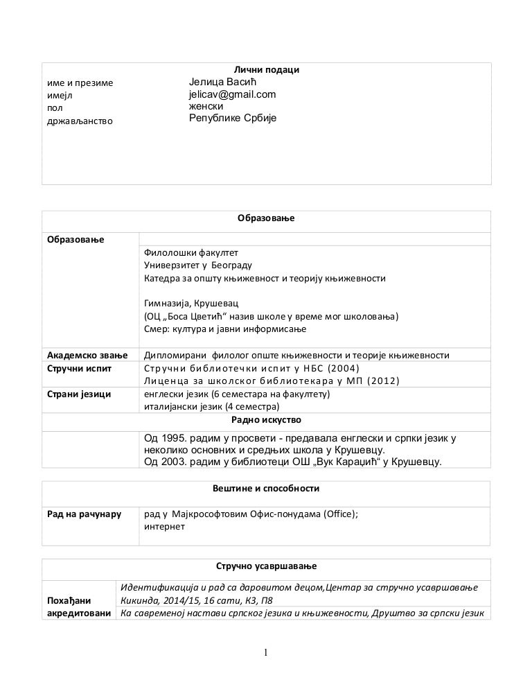 Радна биографија Јелице Васић