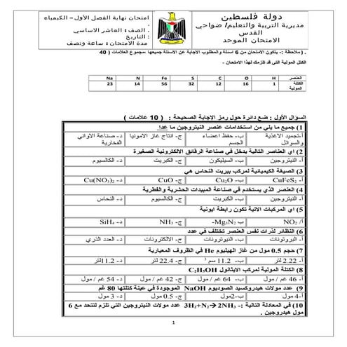 عاشر مديرية-ضواحي القدس-موحد كيمياء