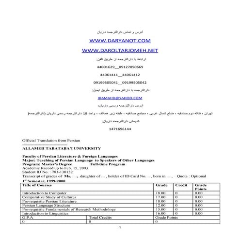 دانلود ترجمه انگلیسی رشته اموزش زبان فارسی ریز نمره
