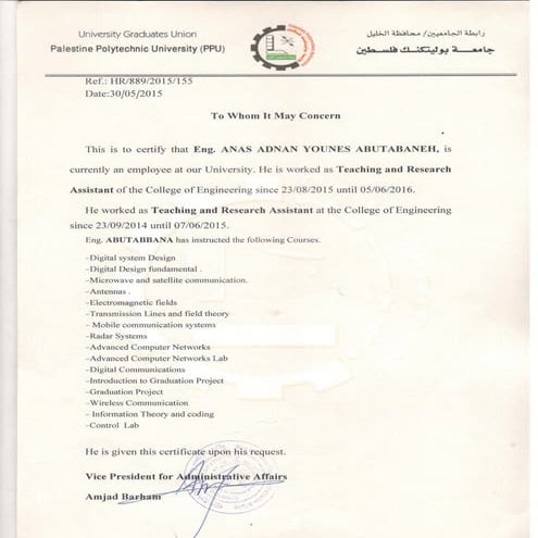 شهادة خبرة موثقة سنيتن-انجليزي-جامعة بوليتكنك فلسطين