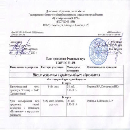 План проведения фестиваля наук