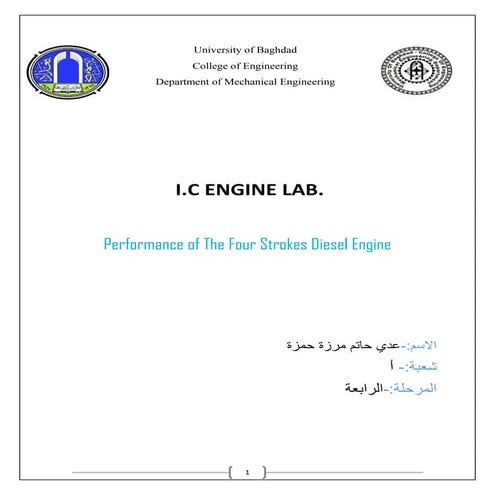 I.C ENGINE LAB. Performance of The Four Strokes Diesel Engine
