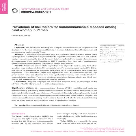 Prevalence of risk factors for noncommunicable diseases among  rural women in...