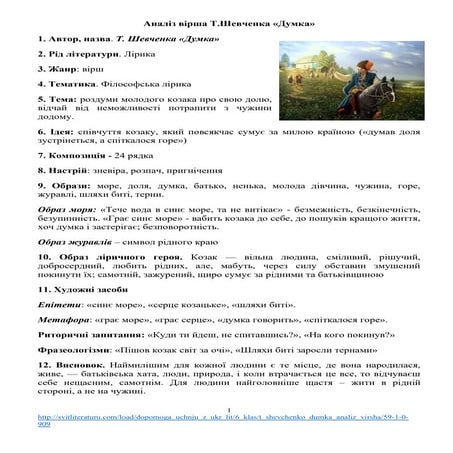Тарас Шевченко "Думка". Аналіз вірша. Допомога учню