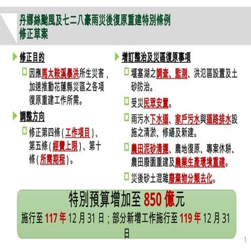 討一 丹娜絲颱風及七二八豪雨災後復原重建特別條例第四條、第五條、第十條修正草案-工程會 懶人包.pptx