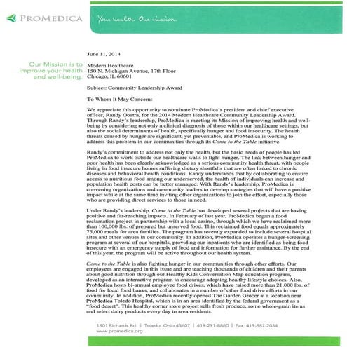 Randy Oostra – 2014 nominee for Modern Healthcare’s Community Leadership Award 