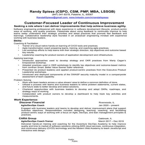 The career summary of Randy Spiess, a focus on customer and continuous improvement