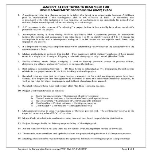 Ranga's 51 hot topics to remember for Risk Management Professional (RMP) exam
