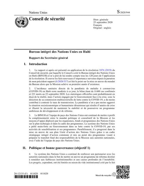 Haiti BINUH: Rapport Conseil de Sécurité Nations Unies, 25 Septembre 2020