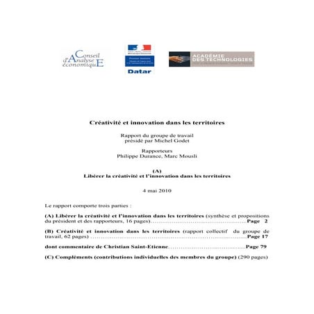 Rapport créativité et innovation dans les territoires