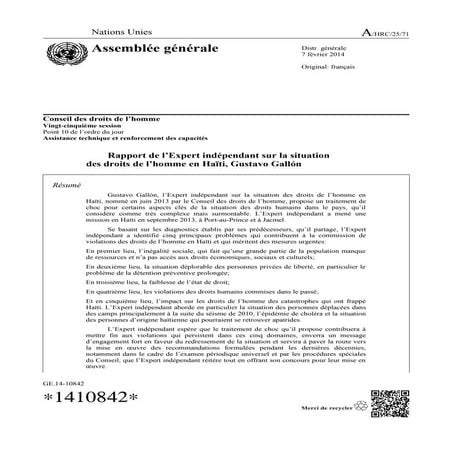 RAPPORTS DROITS HUMAINS DES NATIONS UNIES SUR HAITI FEVRIER 2014