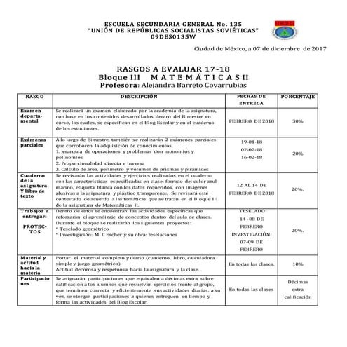 Rasgos a evaluar 2o biii