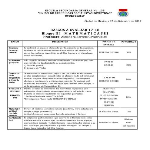 Rasgos a evaluar 3o biii