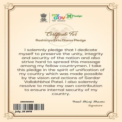 my gov certificate Rashtriya ekta diwas pledge | PDF