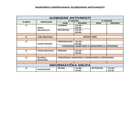 Raspored odrzavanja slobodne aktivnosti - 2016./2017. | PDF