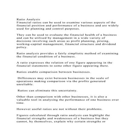 Ratio AnalysisFinancial ratios can be used to examine various as.docx