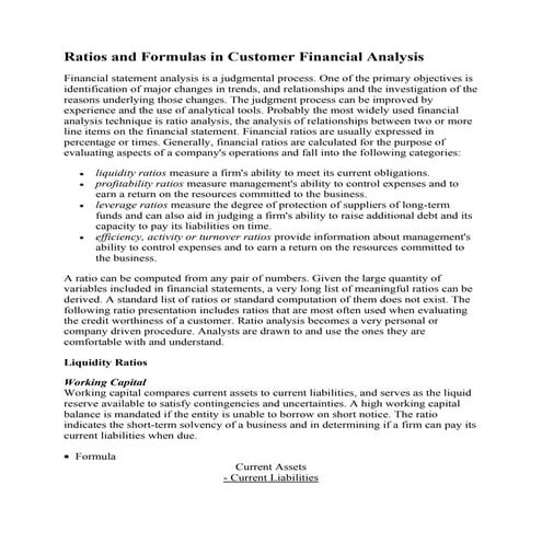 Ratios and formulas in customer financial analysis