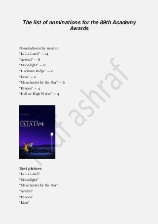 Rauf ashraf - the list of nominations for the 89th academy awards